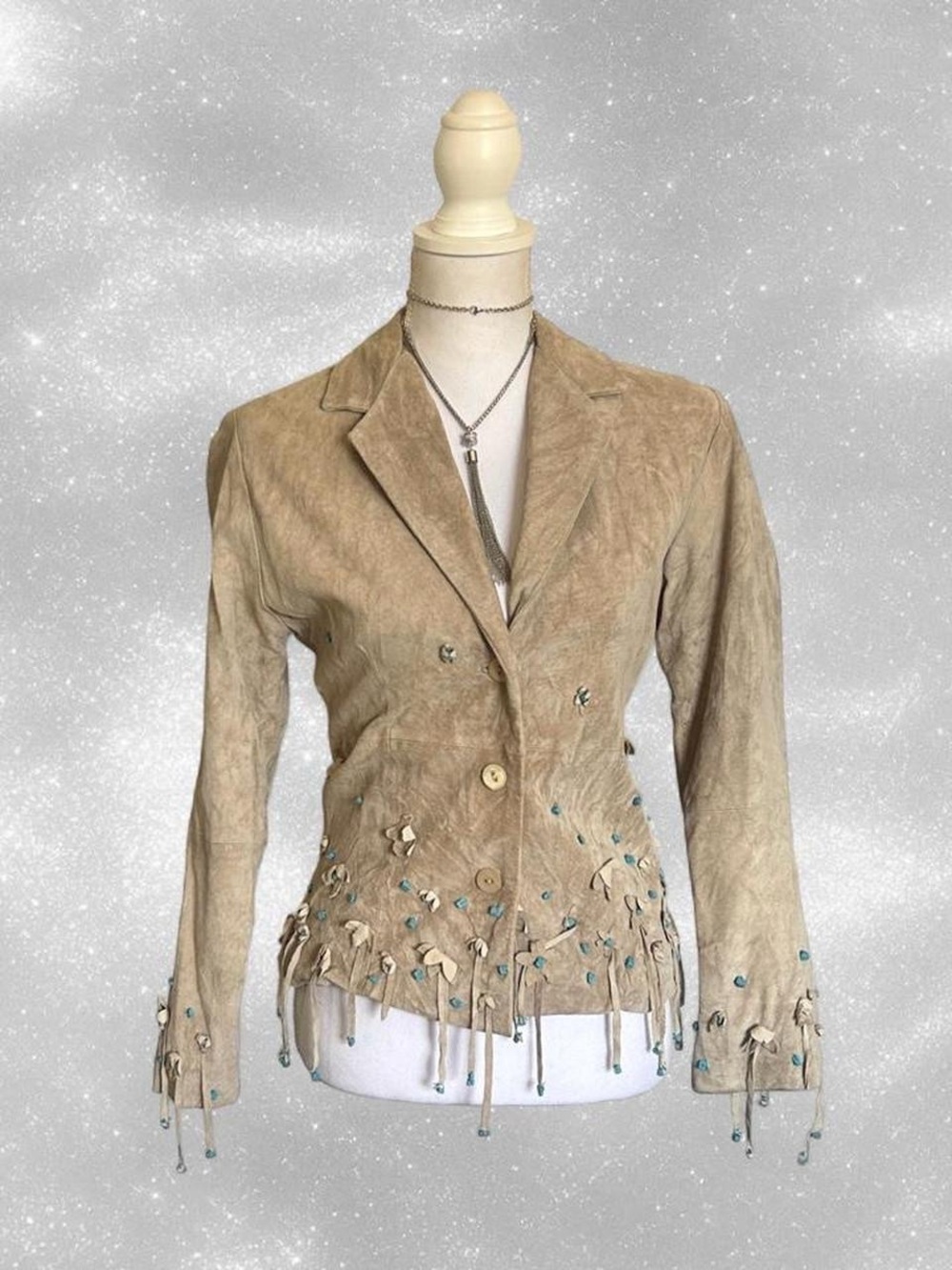 Victor Costa Beige Suede Fringe Embellished Blazer
